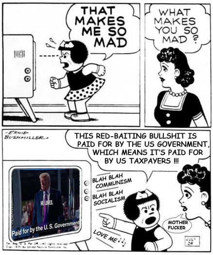nancy remix: panel 1 (original): Nancy looking at a TV, shouting "THAT MAKES ME SO MAD" - panel 2 (original): Aunt Fritzi asking, "What makes you so mad?" - panel 3 (modified) - Nancy pointing at the television, now at three-quarter angle, showing one of Shitstain's US Government-paid campaign ads, saying: "This red-baiting bullshit is paid for by the US Government, which means it's paid for by us taxpayers!!!" and Aunt Fritzi leaning in from off panel saying "mother fucker"
